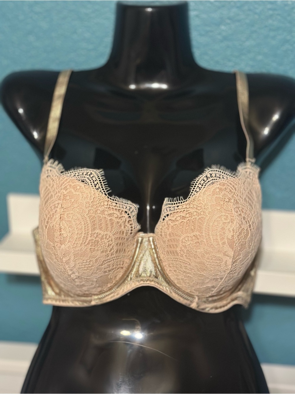 Victoria's Secret Lace Underwire Bra in Nude with Gold Trim